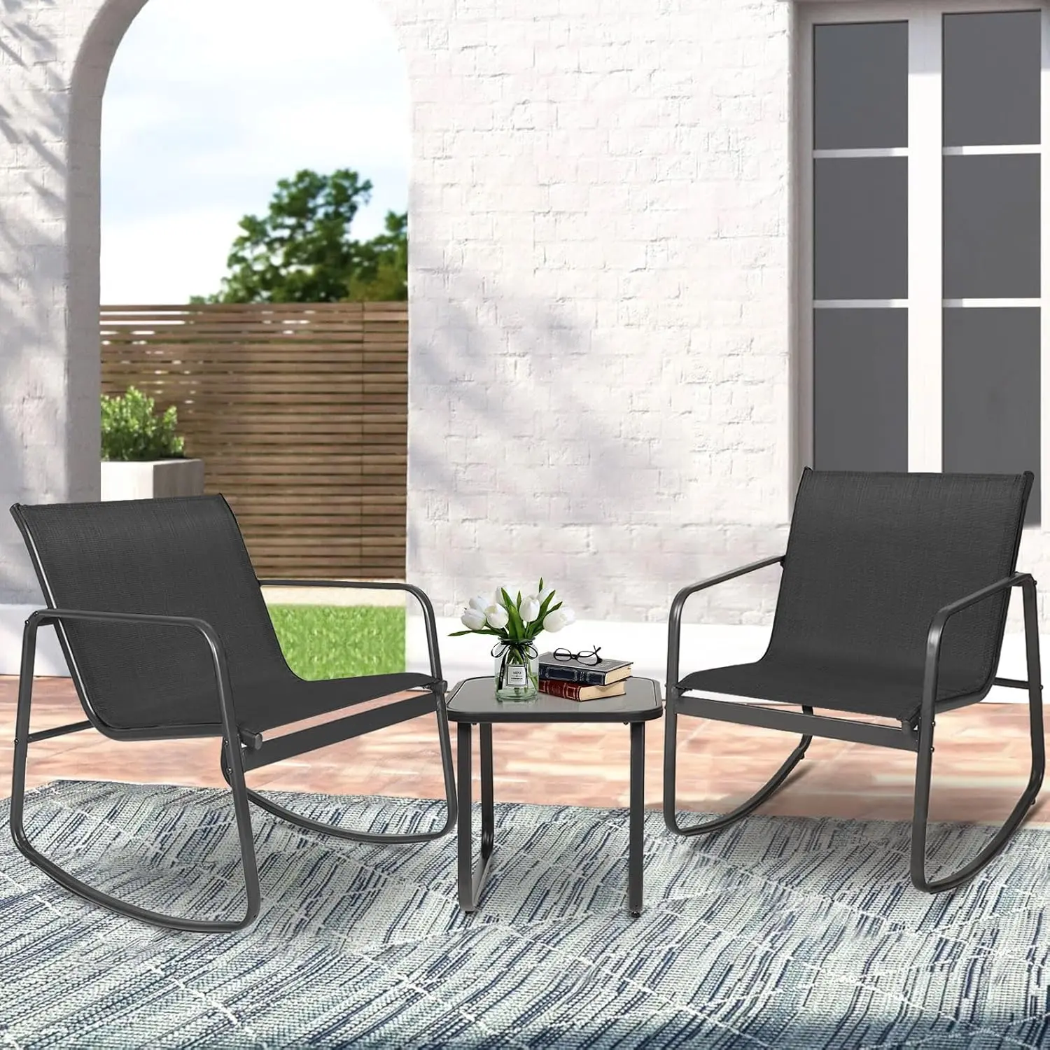 OUTROAD 3-Piece Rocker Chair Set, Outdoor Seating Patio Backyard Furniture, 2 UV-Safe Black Steel Rocking Chairs with Cushions & Tempered Glass Top Coffee Table for Lawn, Garden (Textilene-Black), Outdoor Seating Furniture