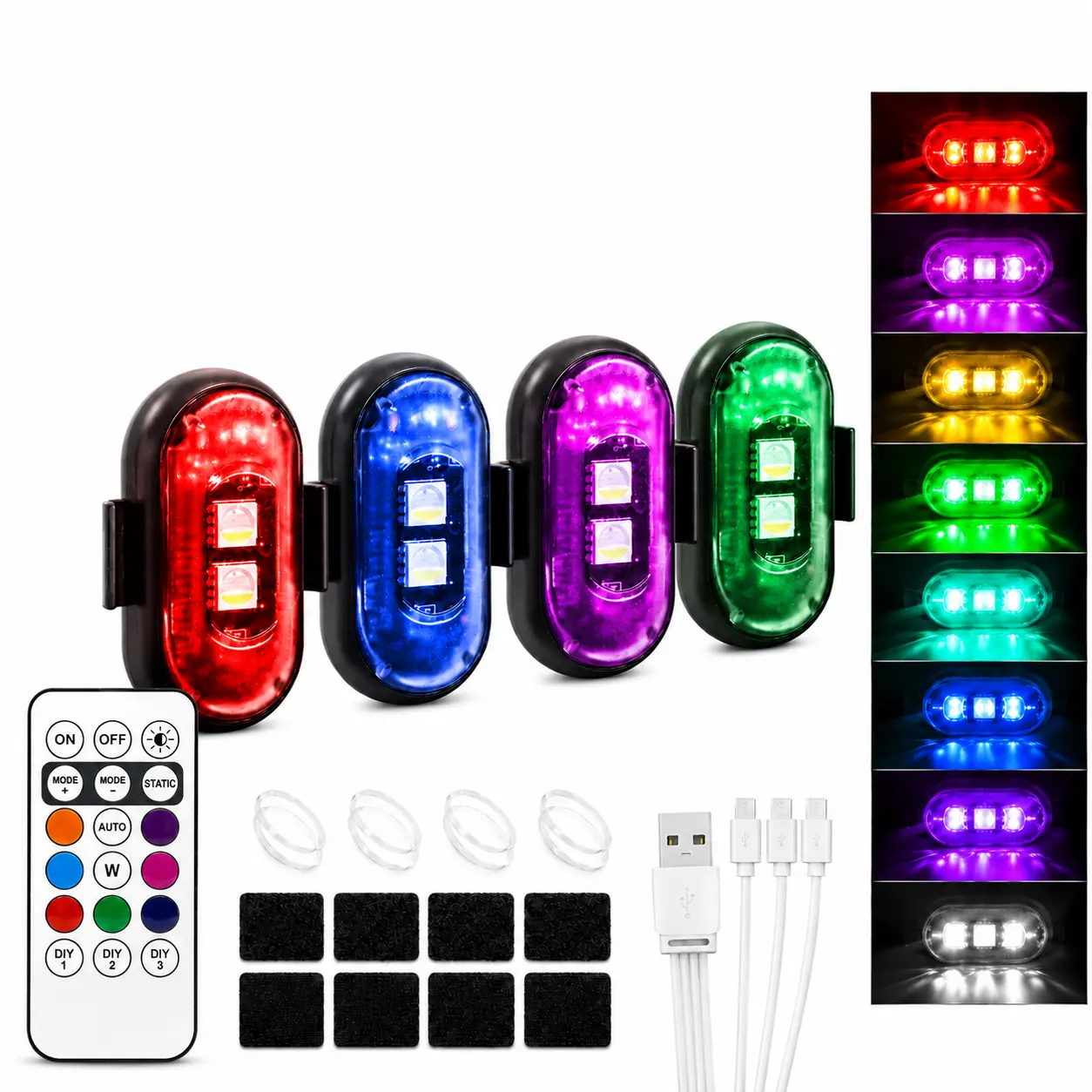 8 Color Wireless LED Strobe Lights for Car & Motorcycle, USB Rechargeable Remote Control Anti-Collision Warning Lights, Waterproof Multi-Mode Flashing Safety Lights for Truck Bike Drone RC Aircraft, 2PCS/4PCS Pack