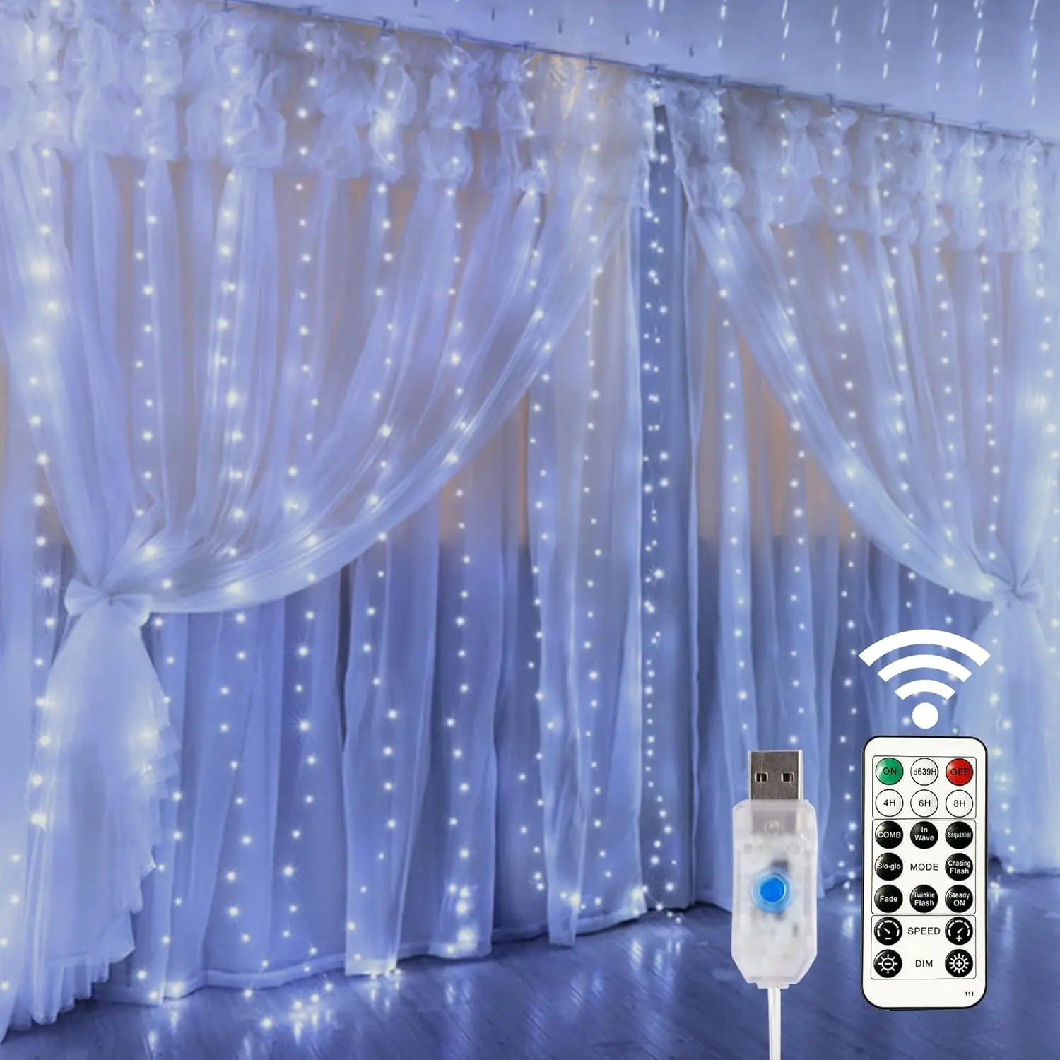 2 Pack 300LED Curtain String Lights  9.8×9.8FT Super Bright Fairy Lights, USB Powered with Remote Control & Hooks, 8 Modes Waterproof Copper Wire Lights, Indoor Outdoor Decor for Bedroom Window Wall Wedding Christmas Party romantic night party decor