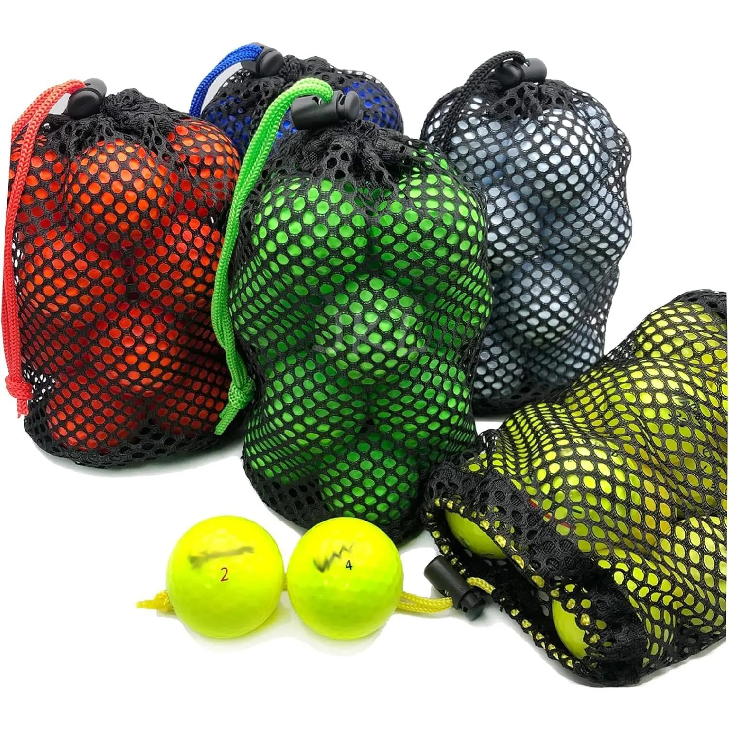 5 Pack Small Golf Ball Bags, Golf Mesh pouch, Net, Round Storag,little nylon mesh bag,Colorful Drawstring mesh Bags for accessories(Red Yellow Blue Green Black)