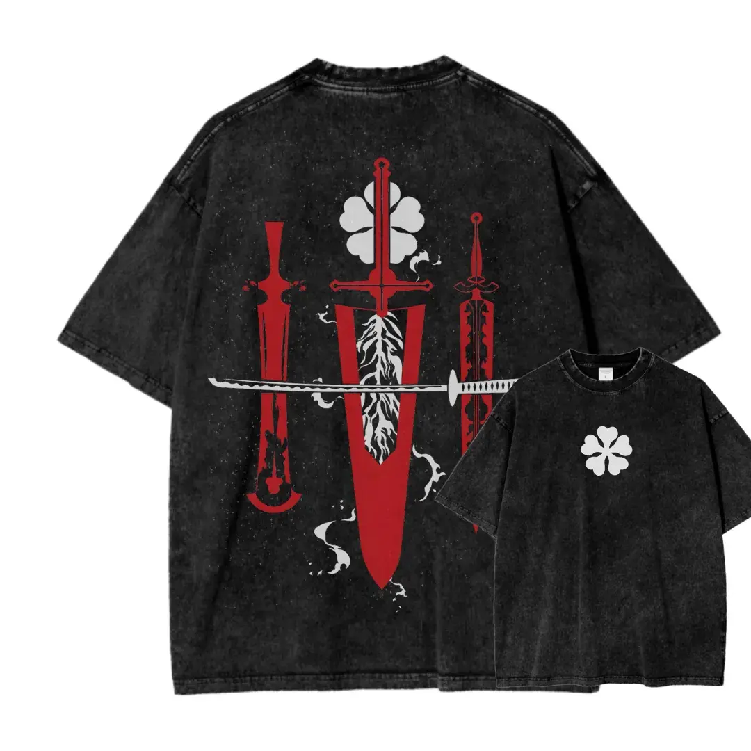 Black Clover Asta Anti Magic Swords Oversized Graphic Tee Vintage Acid Wash Anime T Shirt Y2K Streetwear Gym Pump Cover Five Leaf Clover Retro Manga Merch Tiktok Finds Trendy Dark Aesthetic Workout Fit Casual Top Japanese Activewear Shonen