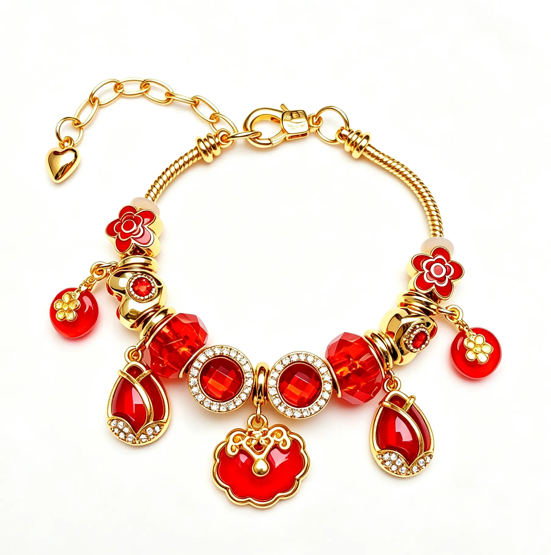 Gold Plated Red Ruyi Lock Charm Bracelet for Women, Adjustable Snake Chain Beaded Bracelet with Red Crystal & Floral Pendant, Fashion Lucky Jewelry Gift