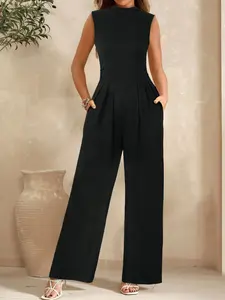 Women's Solid Color Mock Neck Comfortable Holiday Casual Wide Leg Jumpsuit with Pocket, Summer Clothes Women, Casual Comfy Jumpsuit for Summer, Womenswear