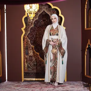 Linen Elegant Kuwait Daraa Abaya Dress with Astonishing green and orange Embroidery