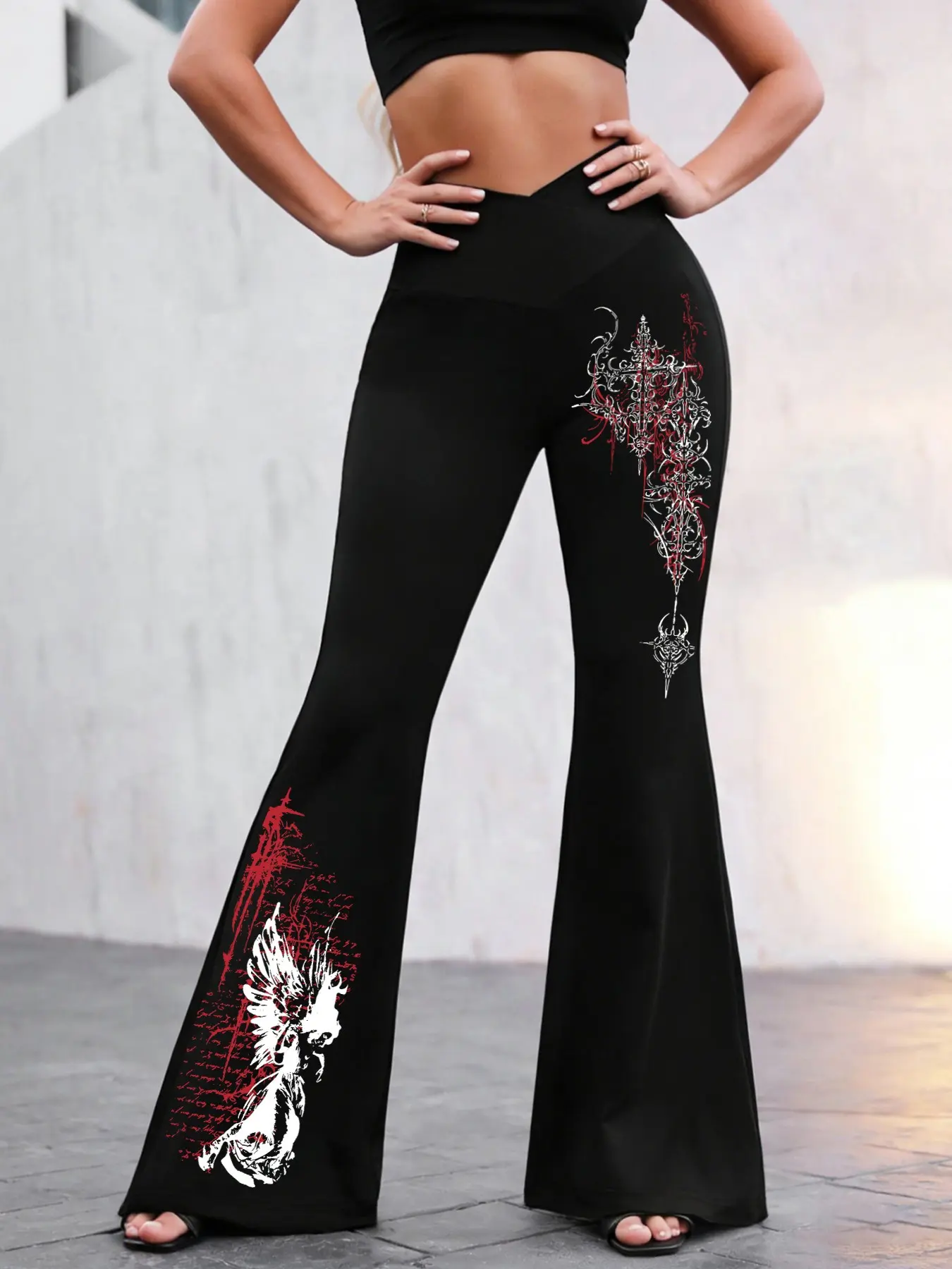 Women's High Waist Casual Loose Flare Pants, Gothic Graphic Print, All Seasons, Comfortable Daily Wear, Versatile Long Pants, Casual Bohemian Trousers, Casual Fashion Trousers