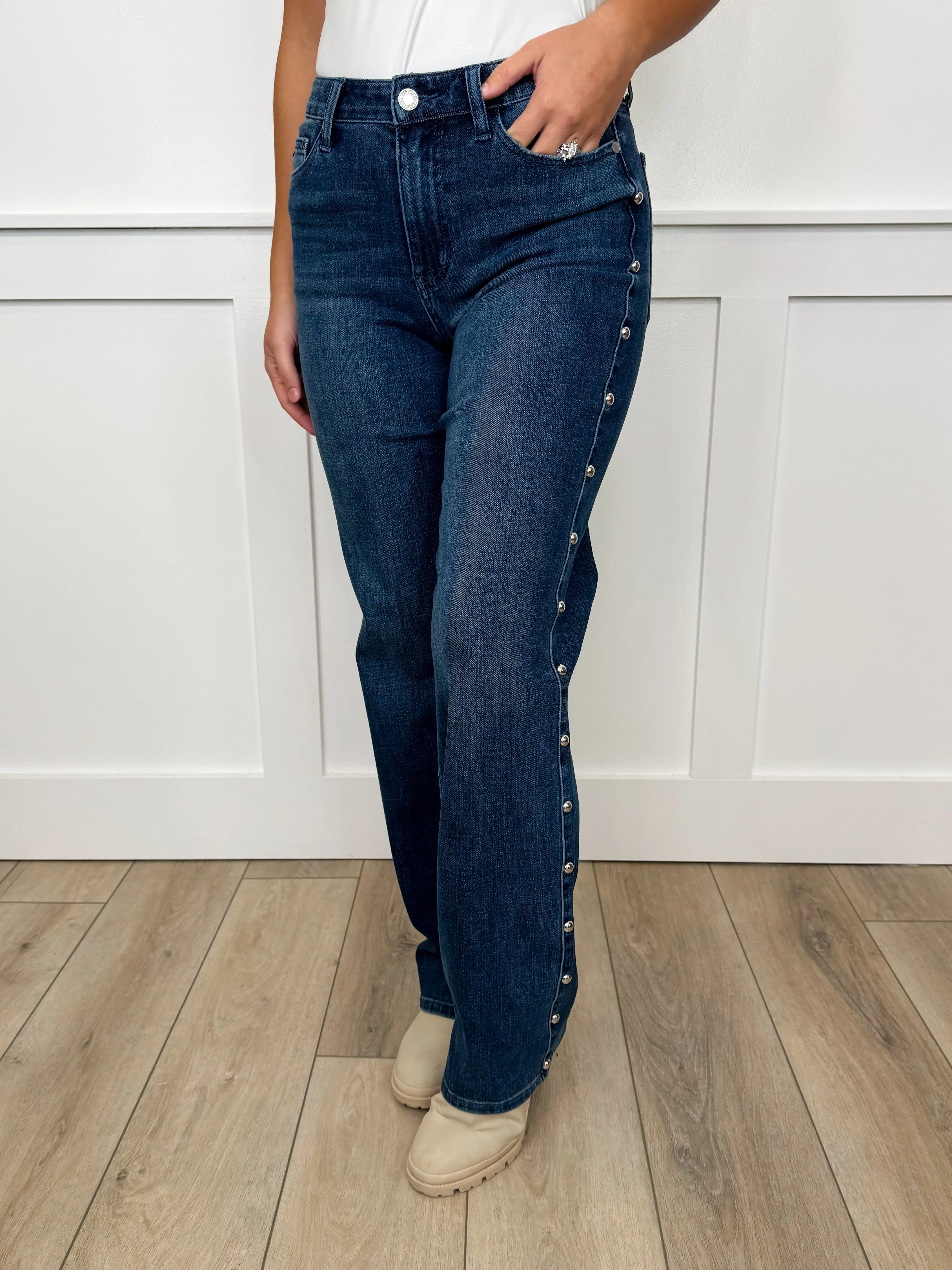 Judy Blue Sophia Studded High-Rise Straight Leg Jeans, Women's Stretchy Casual Dark Wash Denim, Bottoms, Everyday, Embellished Jeans