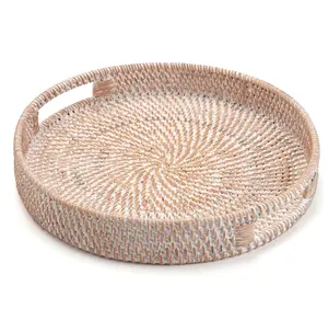 Round Rattan Tray 15 Inch Ottoman Tray with Handles for Coffee Table, Drinks, Snacks & Classic Woven Design for Home Decor