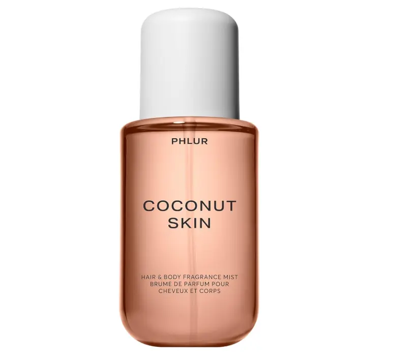 Phlur Coconut Skin Dupe Hair & Body Fragrance Mist, Minimal Amber Pink Rounded Flat Bottle Matte Gray White Cap Clean Coconut Milk Nude Skin Soft Scent Spray, 6–9 Hour Light Non-Greasy Mist For Body Hair Clothes Summer Beach Daily Office Travel Birthday