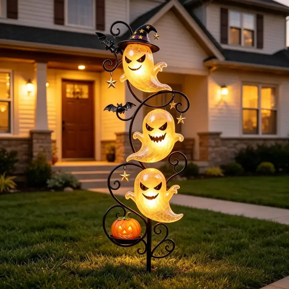 Halloween Solar LED Light-Up 3-Ghost & Pumpkin Garden Stake, Spooky Waterproof Metal Lawn Ornament with Bats & Stars, Outdoor Decor for Pathway, Haunted House Party