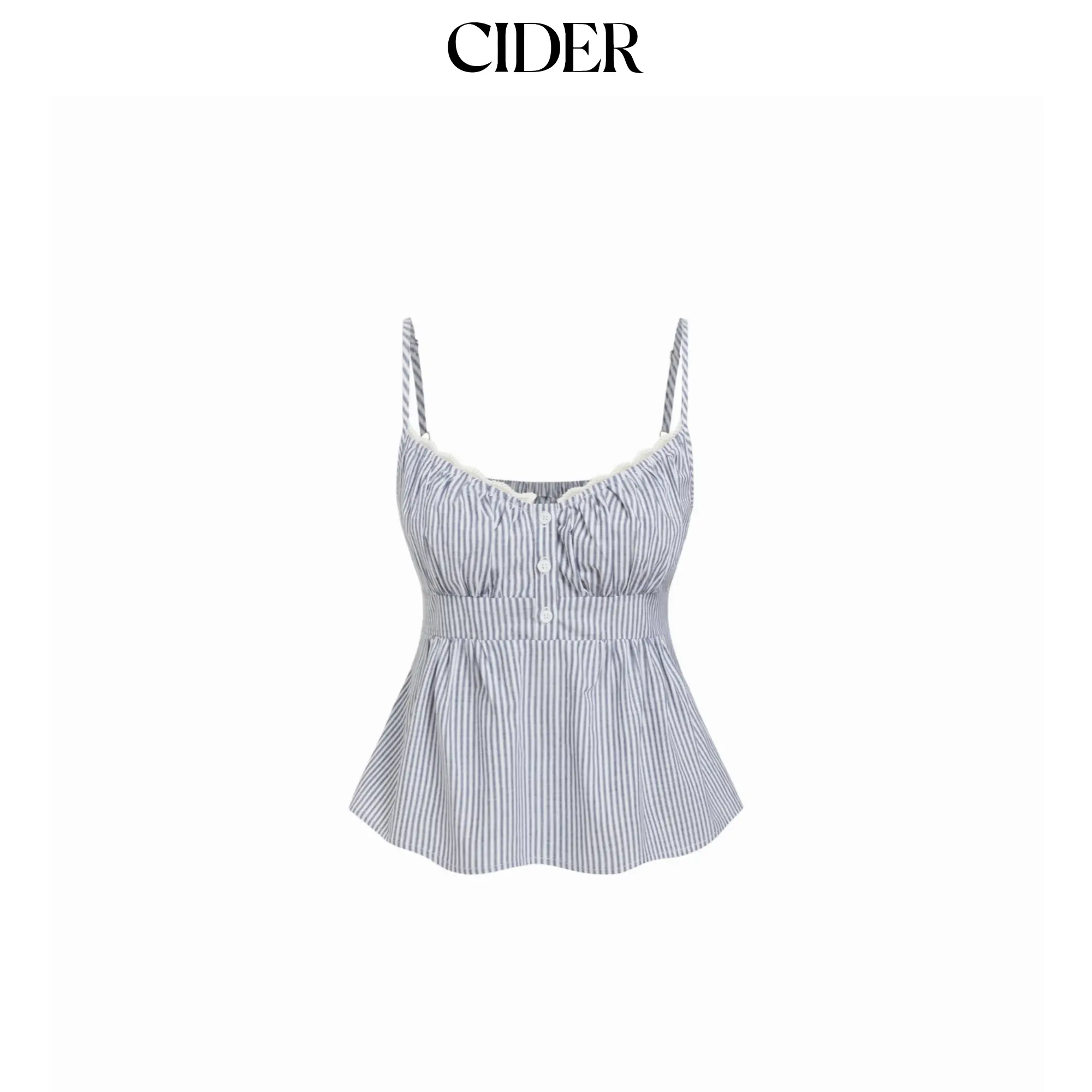 Cider Women's Striped Cotton Peplum Camisole, Sleeveless V-Neck Top with Lace Panel Trim and Tie-Back Detail, Cotton Woven, Lace Detail, Casual, Peplum Fit, Lady, Fitted