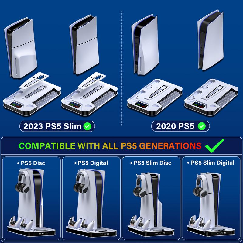 PS5 Cooling Station with Dual Controller Charging Base, 3-Level Silent Cooling Fan, Vertical Stand for PS5/Slim/Pro Disc & Digital, Christmas gifts