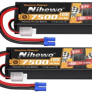 2Packs 2S Lipo Battery Pack, 7.4V 7500mAh RC Battery 100C Hard Case Lipos EC5 Connector Compatible with 1/8 1/10 RC Car Truck Truggy Vehicles Tank Boat Airplane Models