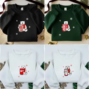 [MADE IN US] Custom Embroidered Polar Bear Holding Drink Sweatshirt, Cute Winter Holiday Embroidery Crewneck, Christmas Snowflake Furry Animal Shirt, Cozy Unisex Gift for Men Women, Red Scarf Bear Sweater, Xmas Gift