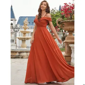 Elegant Dress Bridesmaid Length Ruched Cold Shoulder Floor Chiffon