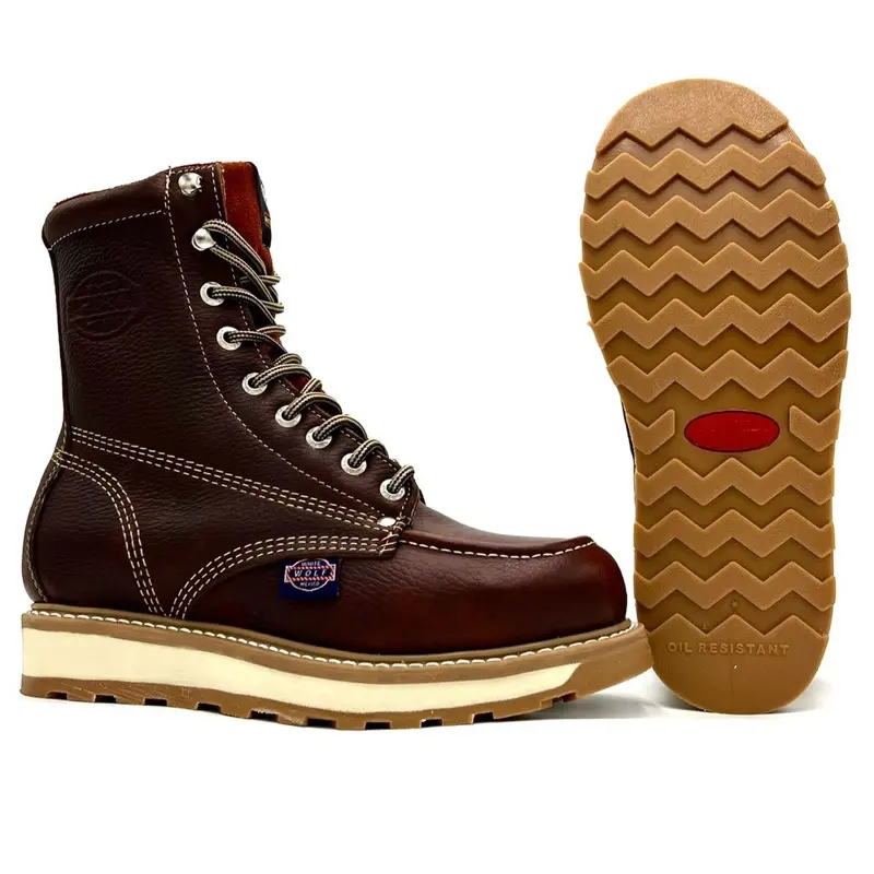 White Wolf 8 Inch Lacer Moc Toe Work Boot Dual Density Goodyear Welt Sole Oil and Slip Resistant Anti-Fatigue WW-955 Grizzly Brown Leather Footwear Comfort Shoe Walking Shoes  Closed