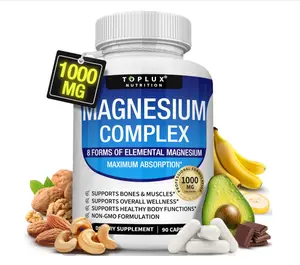 Magnesium Complex Supplement 8 Elemental 1000mg - Magnesium Glycinate, Citrate, Malate, Taurate, Chelated for Easy Absorption for Bones, Muscle, Recovery, Energy, Vegan Non-GMO 90 Capsules