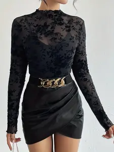 New Sexy Single Layer Wireless Lace Stand Collar Top, Women's Slim Fit Mesh Underlayer Shirt, Casual Fashionable Ladies' Clothing