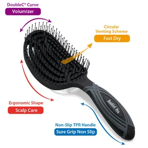 NuWay 4HAIR DoubleC PRO U.S. Patented Double Curved Detangling Brush is Hair Dryer Safe (Black)