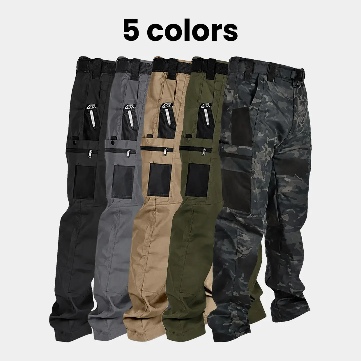 Men's Solid Color Camo Tactical Work Pants - Menswear with Belt, Multiple Pockets, Zipper Closures, Durable for Hiking, Work, Spring-Autumn Outdoor Activities