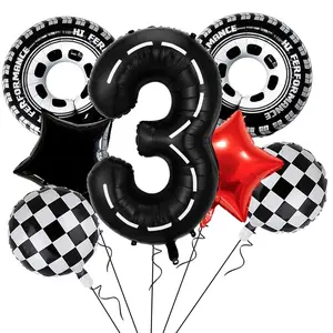 Race Car Party Balloon Set 40-Inch Number 3, Mylar Wheels & Tire Balloons for Boys’ Birthday