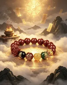 Five Blessings God of Wealth bracelet with cinnabar, designed to attract wealth and transmit positive energy, infused with mystical Eastern power.
