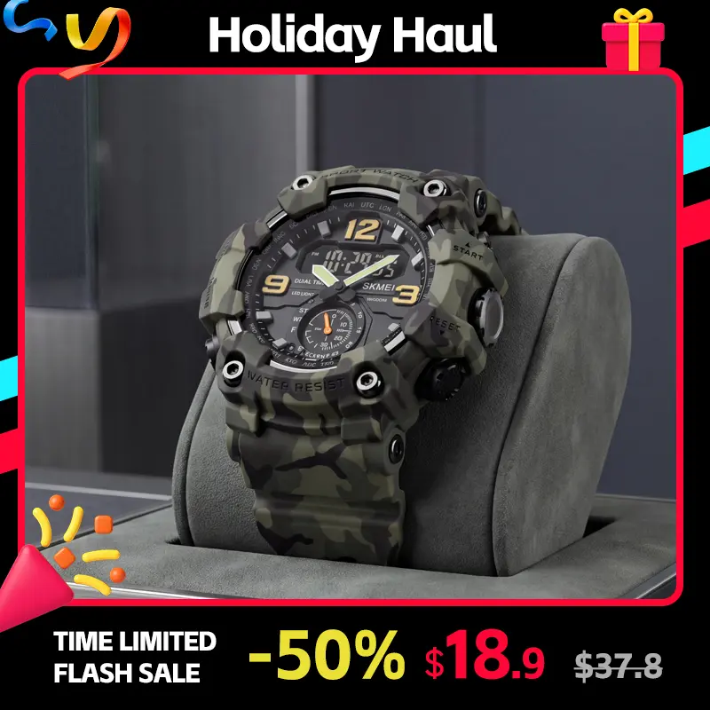 SKMEI Men's Fashionable Waterproof Durable Watch - 50m (5ATM) Round Face, 56mm Analog-Digital Luminous Dial, 3-Sec On-Demand Backlight, 3 Time Modes, Stopwatch, Alarm, Date & Week, PU Band, for Daily Wear & Outdoor Use, Unique Gift for Men,sohochic