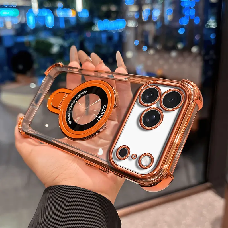 Suitable for [iPhone 17 Pro] high-end phone case🥰,Electroplated Luxury Magnetic Clear Stand Four Corner Anti-Fall Case Compatible with MagSafe Shockproof Transparent Phone Cover summerwins 952