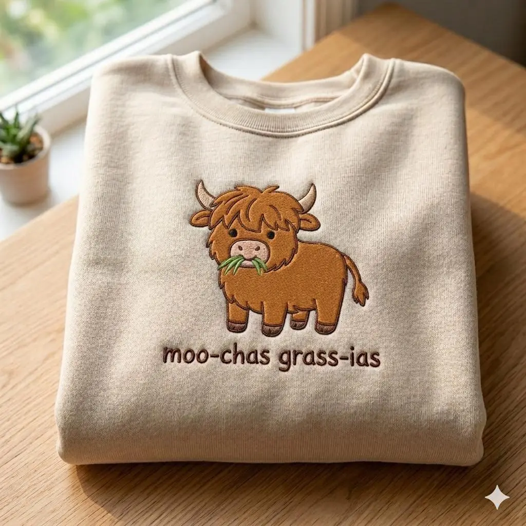 Embroidered Highland Cow Sweatshirt, Funny Moo-chas Gracias Crewneck, Farm Animal Apparel