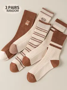 3/5 Pairs of Women's Striped Mid-Calf Socks with Cute Bear Embroidery, Soft and Skin-Friendly, Marron Color Palette, Chic, Stylish and Versatile, Suitable for All Seasons