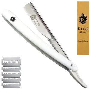 Professional Classic Straight Edge Barber Razor For Close Shaving - Salon Quality Men's Beard Cut Throat Finger Razor Shavette With 10 Shaving Blades By Krisp Beauty Easy to Use Manual Shaving Sensitive Skin Durable Kit Plastic Handle Stainless Comfort
