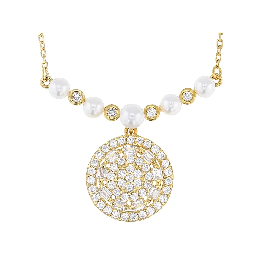 JTV White Cubic Zirconia And Cultured 3mm White Pearl 14k Yellow Gold Over Silver Necklace 1.03ctw