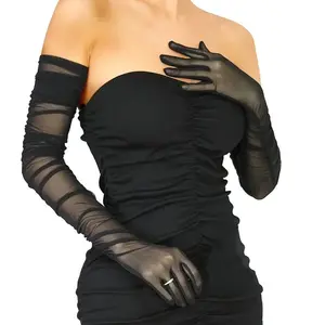 Women's Sheer Tulle Long Gloves, Stretchy Ruched Mesh Gloves, Elegant Accessories for Halloween, Opera, Evening Party, Wedding & Costume Ball