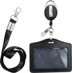 Genuine Leather ID Card Case with Lanyard & Retractable Reel Carabiner Black Horizontal Soft PU Case for Nurses Office Staff Tactical Id Holder