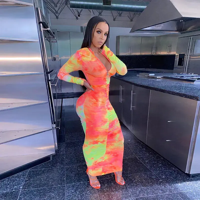 Autumn Digital Print Long Sleeve Bodycon Dress for Women
