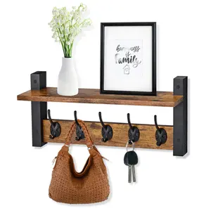 Sorbus Matte Finish Wall Mount Floating Shelf with 5 Heavy-Duty Hooks for Entryway, Bathroom, Bedroom, Kitchen, or Mudroom - Durable Engineered Wood Design