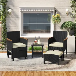 Yaheetech  5-Piece Patio Furniture Set Outdoor Wicker Conversation Set Cushioned Chair w/Ottomans and Coffee Table for Garden Poolside Lawn Backyard Hotels, Black/Beige