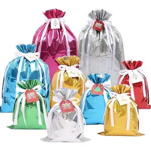 15 count Christmas Drawstring  Bags, Assorted Sizes Solid Color Goodie Bags Presents Wrapping Bag with Drawstring Ribbons and Tags,  Wrapping Bag for Christmas Holiday Birthday Party