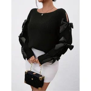 Women’s round-neck sweater, off-shoulder bow knit top, autumn–winter elegant openwork pullover, women’s fashion GARMENTARY