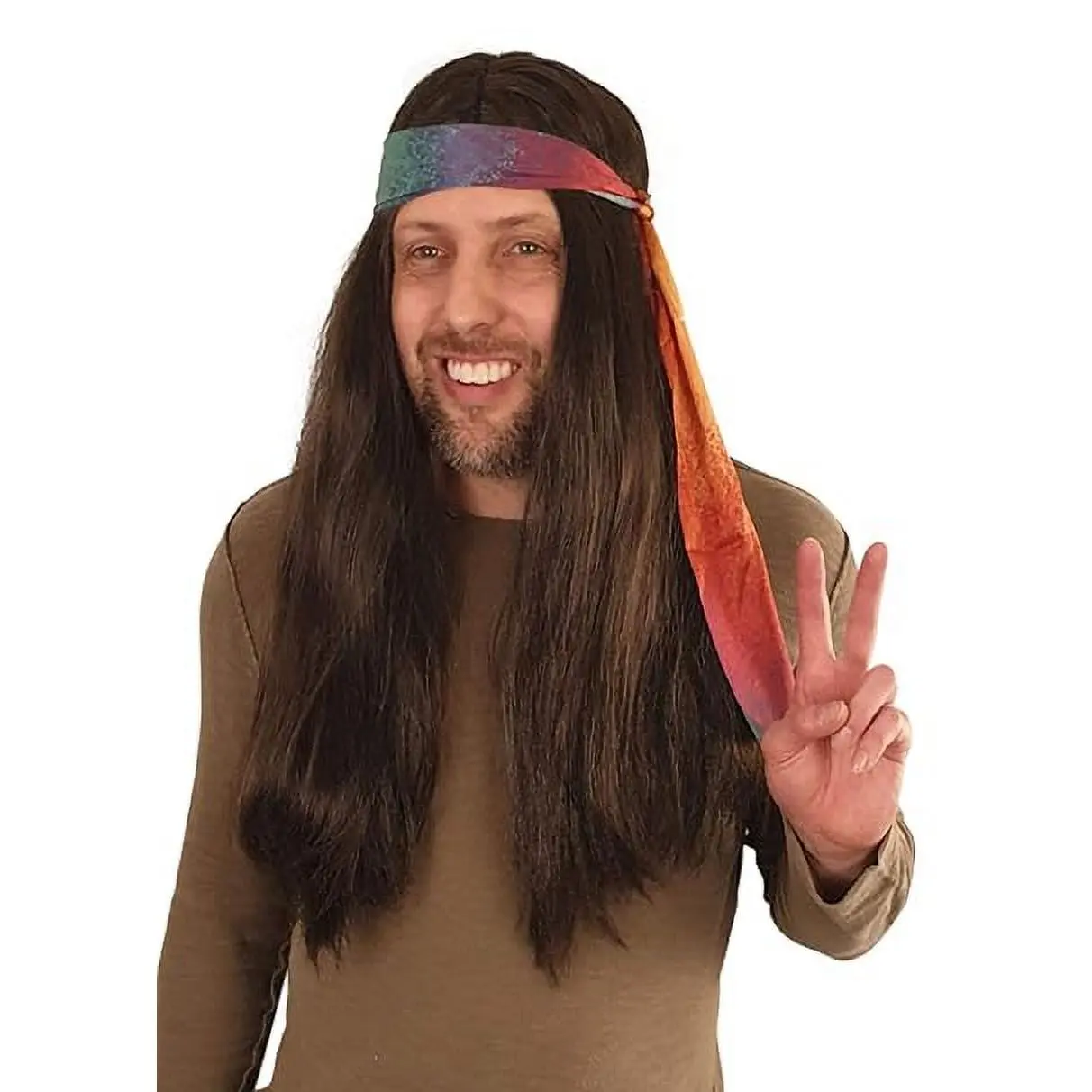 HandinHandCreations Synthetic Long Brown Hippie Costume Wig with Tie-Dye Flex Headband for 60s-70s Woodstock Festival, Flex Band