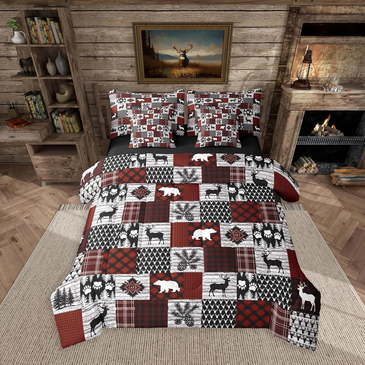 Cabin Comforter Set with Sheets for Kids Boys Girls Farmhouse Rustic 7 Pieces Bedding Set Bear Deer Bed in a Bag Country Lodge Room Decor Red Soft Lightweight Microfiber