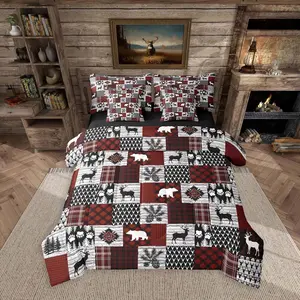 Cabin Comforter Set with Sheets for Kids Boys Girls Farmhouse Rustic 7 Pieces Bedding Set Bear Deer Bed in a Bag Country Lodge Room Decor Red Soft Lightweight Microfiber