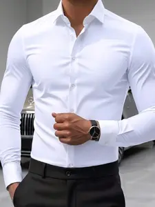 Men's Plain Formal Shirt, Fitted Top Without Zipper, Casual All-Season Clothing, Full Placket Design, Ideal for Everyday Wear