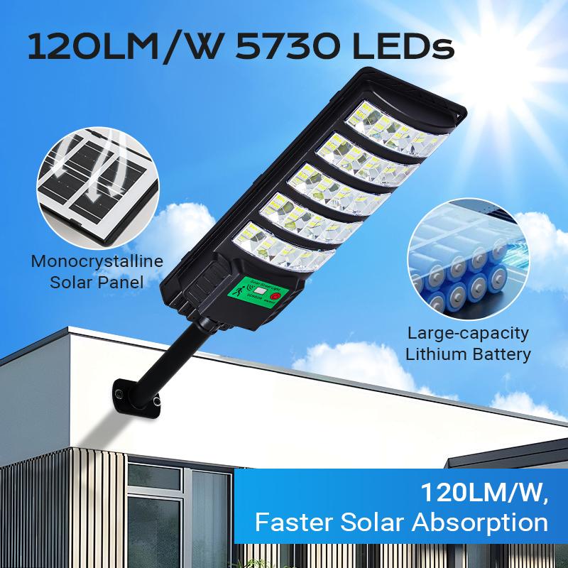 Upgraded Solar Street Light Outdoor 5730 SMD LED 120LM/W Super Bright Monocrystalline Panel LiFePO4 Battery IP65 Waterproof for Yard Garden Street Garage