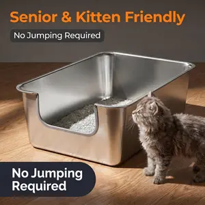 ZARLER 2 Pack Senior Cat Friendly Low Entry Stainless Steel Litter Box 2.5in Easy Step In Design No Odor Easy Clean for Injured Cats & Kittens