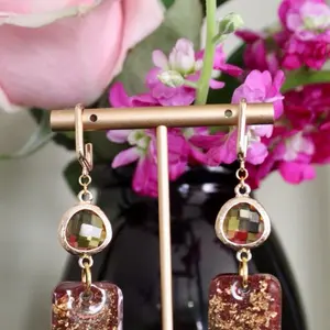 Deep Red Square Resin Earring with Multicolored Foil Amber Gem Gold Square Huggie Earrings for Women