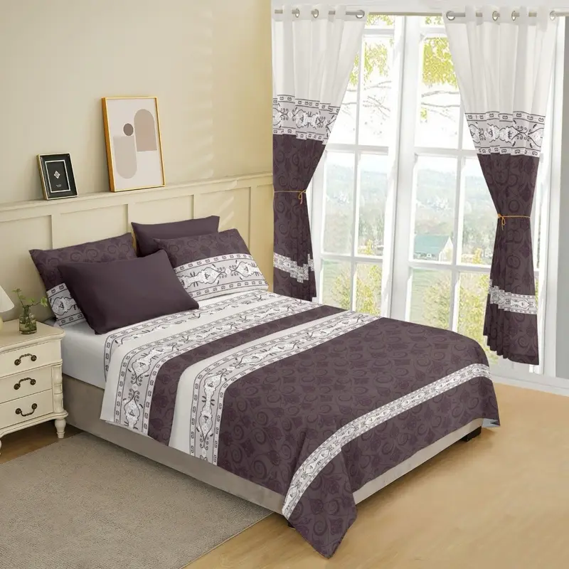 Bedsheet Set - 8 Pieces with 2 Curtains, 4 Pillow Cases, Fitted Sheet, Flat Sheet - Elegant Design for a Comfortable Sleep Experience