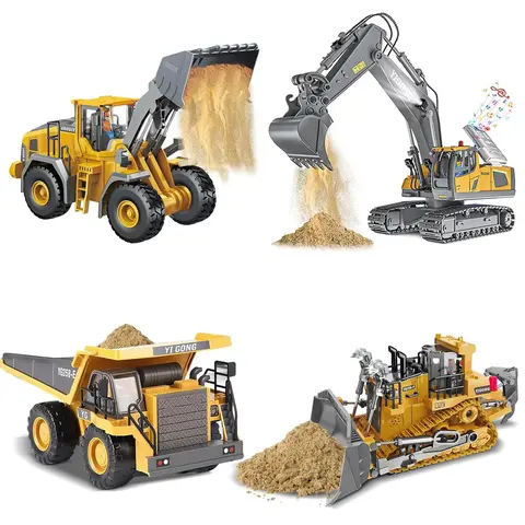 Akeleo 4-Pack 2.4GHz Remote Control Construction Vehicles - 11-Channel Excavator/Backhoe, 9-Channel Loader, Dump Truck, Bulldozer, Metal Build, LED Lights, Sound Effects, Lights+Sound Dig, Children's Play Toys for 3+ Year Old Birthday Gifts