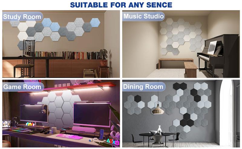 Hexagonal Acoustic Panels, 6-Pack Self-Adhesive Soundproofing Foam, High-Density Sound Absorbing Foam Panels, 12×10-inch Hexagonal Wall Acoustic Panels, Suitable for Living Room, Bedroom, Studio, DIY Assembly,Home,ReccordingRoom,girl room accessories