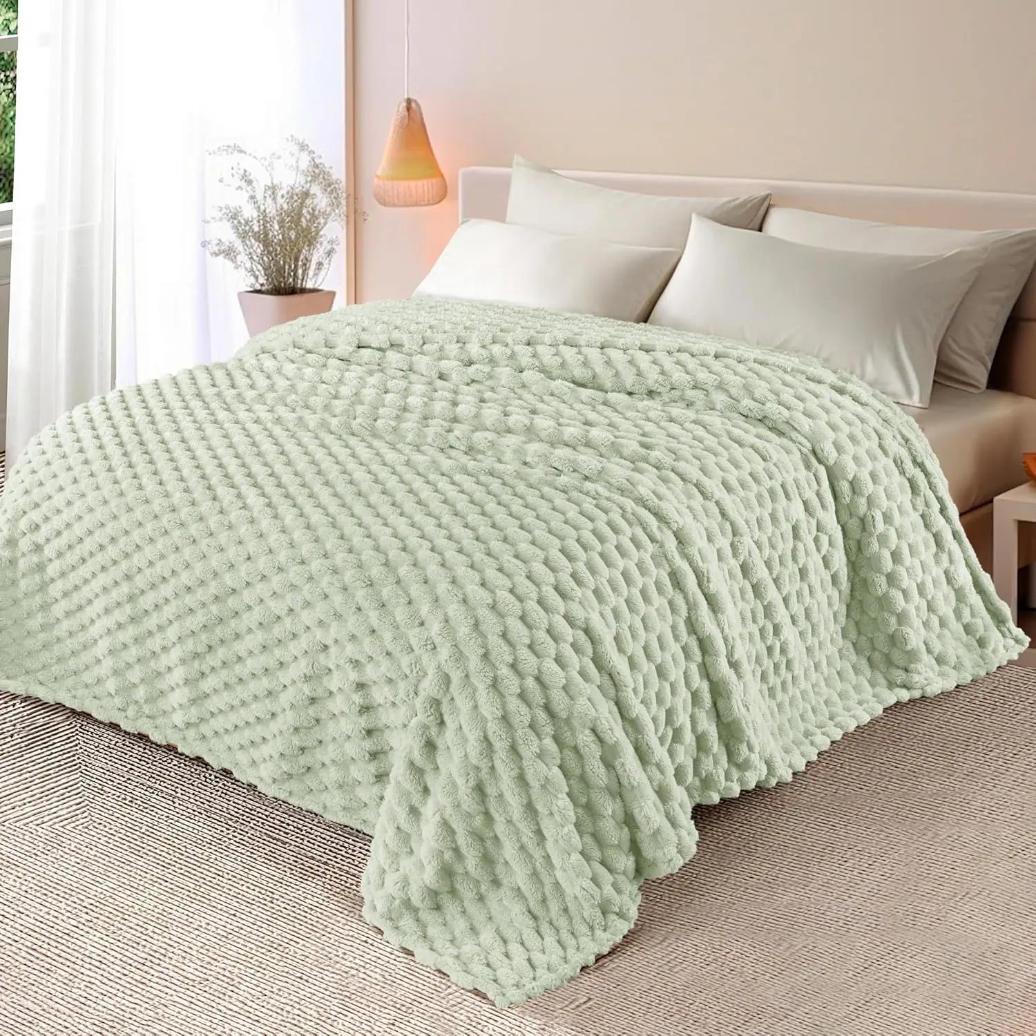 Cozy Soft Comfy King Size Jacquard Blanket, Warm Fluffy Sage Green Fuzzy Exquisite Bedding Throw, 90x104 in, Cozy Blanket, Soft Comfy Blanket