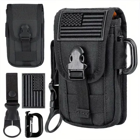 LUCIERNAGA Tactical Molle Phone Holster Pouch - Lightweight Hip Waist Bag with Molle Attachment, US Flag Patch, Water Bottle Buckle, Fits 4.7"-6.7" Phones for Outdoor Hiking Enthusiasts